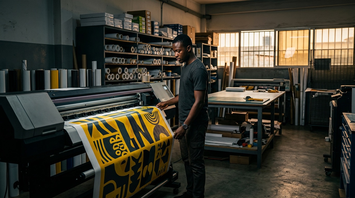 Technicien imprimant une banderole grand format dans l'atelier